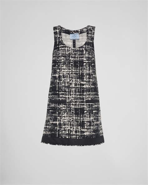 prada sleevlee tweed dress|Ivory/black Tweed dress .